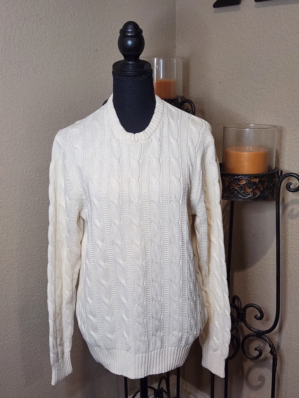 Goodthreads Unisex Cream Cable Knit Crewneck Sweater 100% Cotton Size Medium